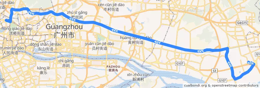 Mapa del recorrido 210路[广州火车站(草暖公园)总站-南岗(国际玩具礼品城)总站] de la línea  en Canton.