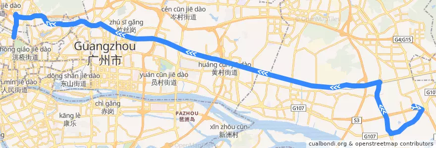 Mapa del recorrido 210路[南岗(国际玩具礼品城)总站-广州火车站(草暖公园)总站] de la línea  en Cantón.