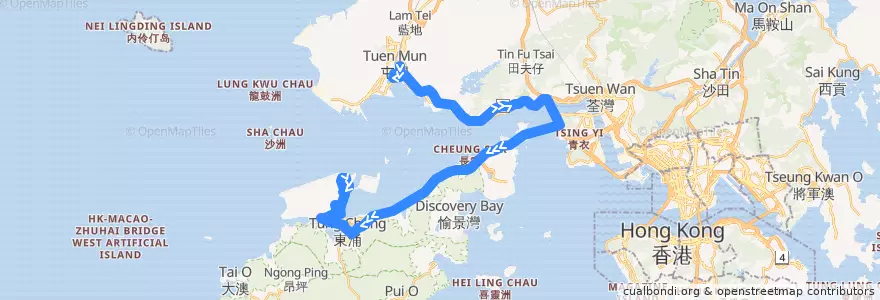 Mapa del recorrido 龍運巴士E33線 Long Win Bus E33 (屯門市中心 Tuen Mun Central → 機場 Airport) de la línea  en الأقاليم الجديدة.
