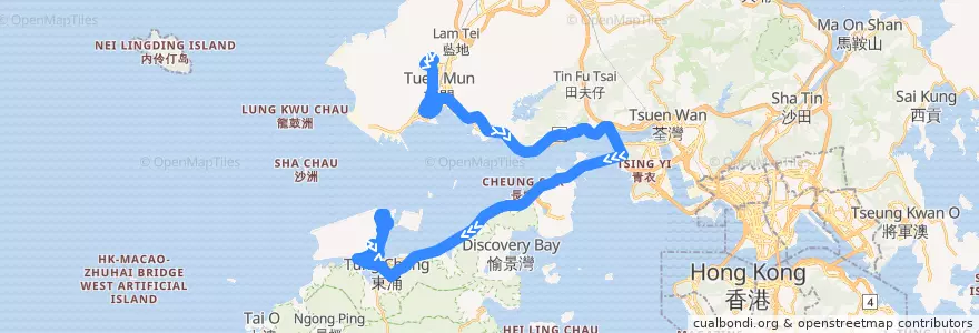 Mapa del recorrido 龍運巴士E33P線 Long Win Bus E33P (寶怡花園 Blossom Garden → 機場 Airport) de la línea  en 新界 New Territories.