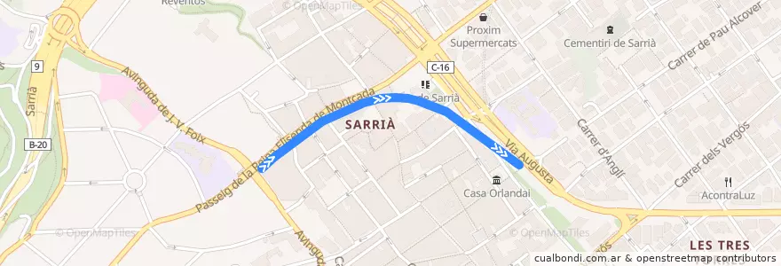 Mapa del recorrido L12: Reina Elisenda - Sarrià de la línea  en Barcelona.