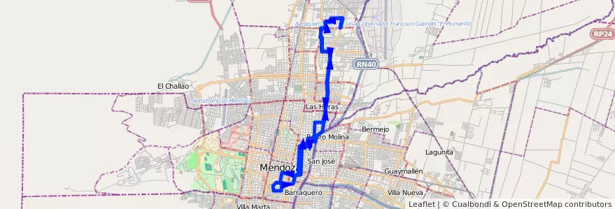 Mapa del recorrido 67 - Expreso Dorrego / Lisandro Moyano / Casa de Gob. de la línea G06 en Mendoza.