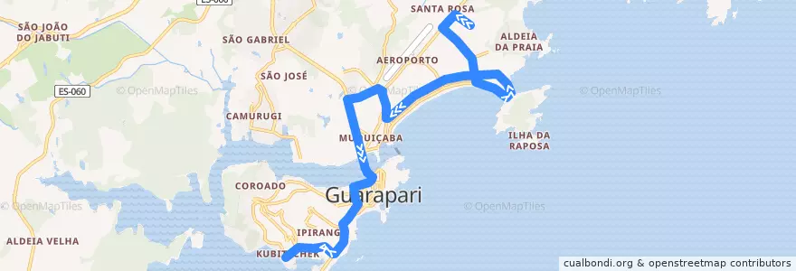 Mapa del recorrido 001 Jardim Boa Vista x Kubitschek via Praia do Morro e SESC de la línea  en Guarapari.