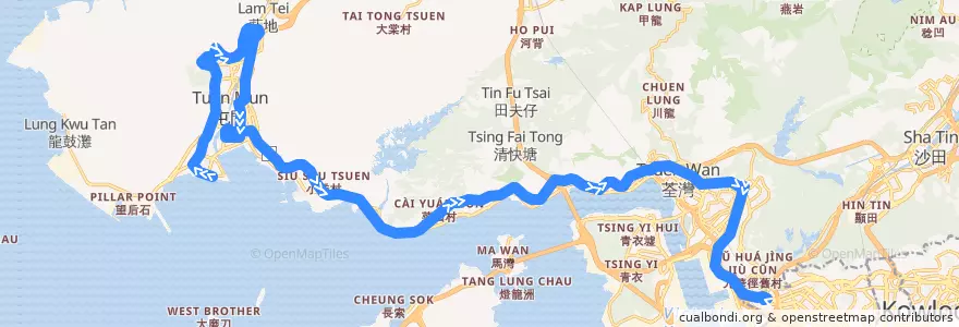 Mapa del recorrido 九巴N260線 KMB N260 (屯門碼頭 Tuen Mun Pier Head → 美孚 Mei Foo) de la línea  en Новые Территории.