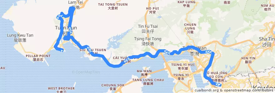 Mapa del recorrido 九巴N260線 KMB N260 (美孚 Mei Foo → 屯門碼頭 Tuen Mun Pier Head) de la línea  en 신제.