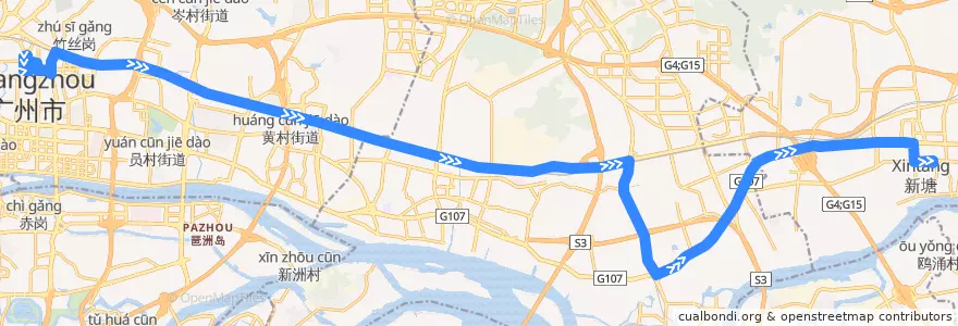Mapa del recorrido 214路(广州火车东站总站-新塘总站) de la línea  en Guangzhou City.