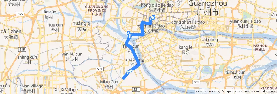 Mapa del recorrido 217路(广卫路总站-芳村西塱总站) de la línea  en Гуанчжоу.