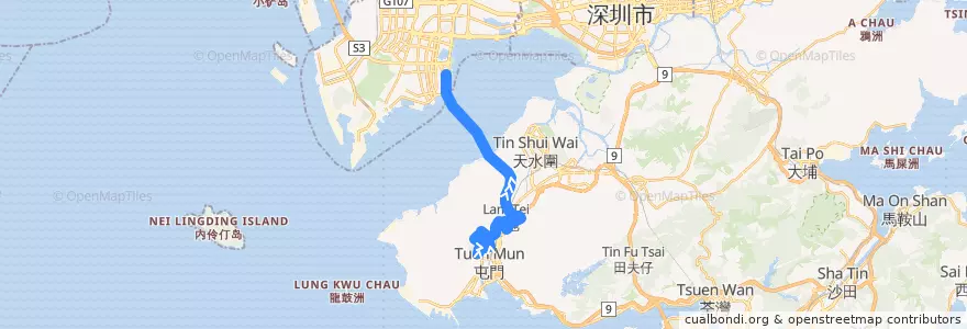Mapa del recorrido 城巴B3A線 Citybus B3A (山景 Shan King → 深圳灣口岸 Shenzhen Bay Port) de la línea  en Nuovi Territori.