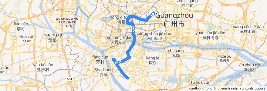 Mapa del recorrido 220路(动物园总站-南箕路总站) de la línea  en Guangzhou City.