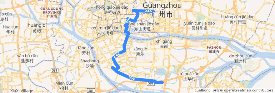 Mapa del recorrido 221路(动物园南门总站-沥滘总站) de la línea  en Гуанчжоу.