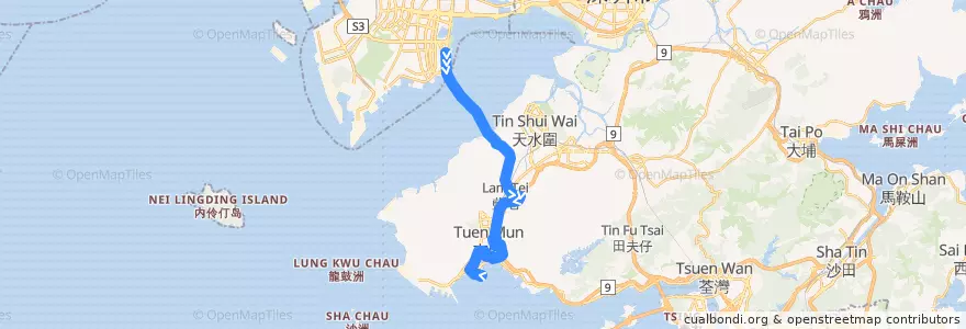 Mapa del recorrido 城巴B3線 Citybus B3 (深圳灣口岸 Shenzhen Bay Port → 屯門碼頭 Tuen Mun Ferry Pier (加停紅橋 stopping at Hung Kiu)) de la línea  en Nouveaux Territoires.