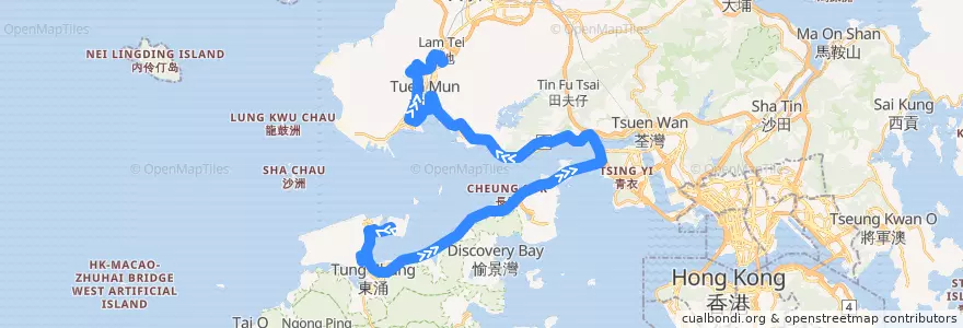Mapa del recorrido 龍運巴士NA33線 Long Win Bus NA33 (大橋香港口岸 HZMB HK Port → 屯門（富泰） Tuen Mun (Fu Tai)) de la línea  en الأقاليم الجديدة.