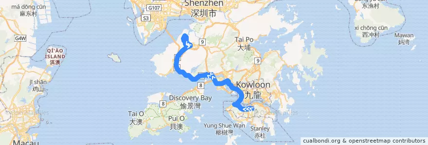 Mapa del recorrido 過海隧巴N969線 Cross-harbour Bus N969 (銅鑼灣（摩頓台） Causeway Bay (Moreton Terrace) → 天水圍市中心 Tin Shui Wai Town Centre) de la línea  en Nouveaux Territoires.