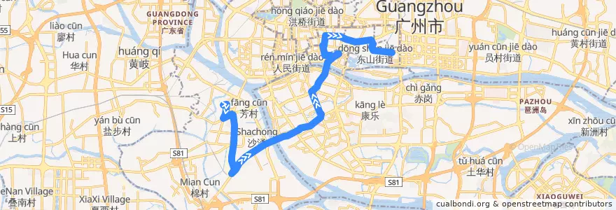 Mapa del recorrido 222路[芳村丰年路(黄大仙祠)总站-五羊新城总站] de la línea  en Guangzhou City.