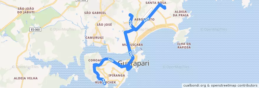 Mapa del recorrido 002 Kubitschek x Jardim Boa Vista via Lagoa Funda de la línea  en Guarapari.