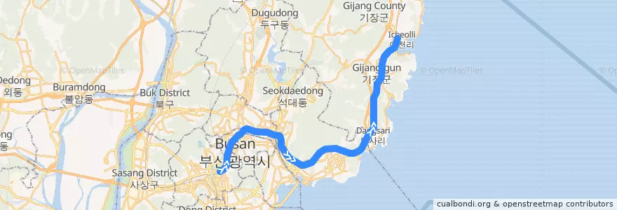 Mapa del recorrido 동해선 광역전철: 부전 → 일광 de la línea  en Busan.
