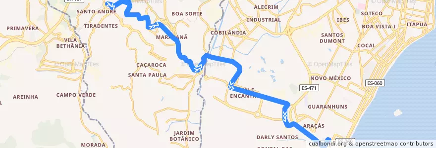 Mapa del recorrido 588 Terminal de Campo Grande / Terminal de Itaparica via Itapemirim e Vale Encatado de la línea  en Microrregião Vitória.