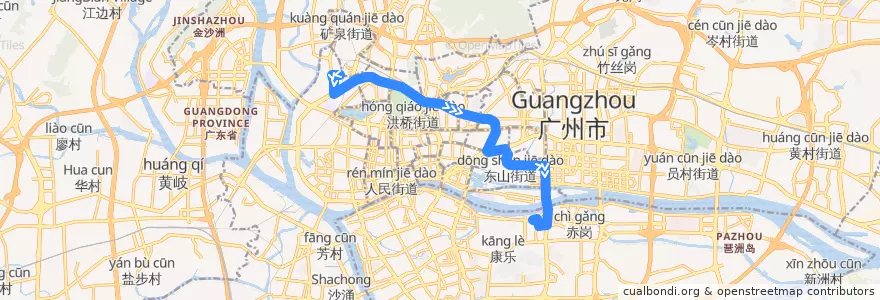 Mapa del recorrido 225路(机务段总站-滨江东路总站) de la línea  en Yuexiu District.