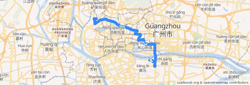Mapa del recorrido 225路(滨江东路总站-机务段总站) de la línea  en Guangzhou City.