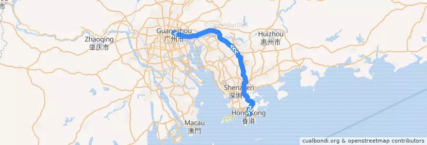 Mapa del recorrido 中国铁路Z802次旅客列车（九龙 → 广州东） de la línea  en Guangdong.