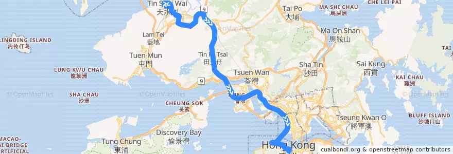 Mapa del recorrido 過海隧巴969A線 Cross-harbour Bus 969A (天水圍市中心 Tin Shui Wai Town Centre → 金鐘 Admiralty) de la línea  en Nuevos Territorios.