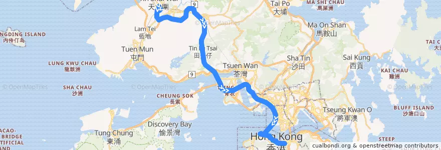 Mapa del recorrido 過海隧巴969B線 Cross-harbour Bus 969B (樂湖居 Locwood Court → 灣仔 Wan Chai) de la línea  en Nuevos Territorios.