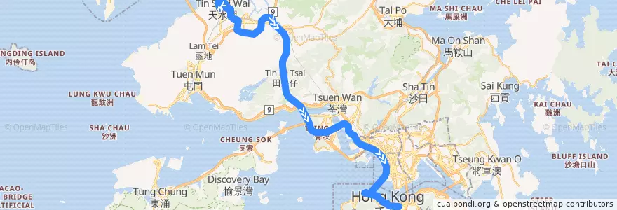 Mapa del recorrido 過海隧巴969B線 Cross-harbour Bus 969B (天水圍市中心 Tin Shui Wai Town Centre → 灣仔 Wan Chai) de la línea  en 신제.