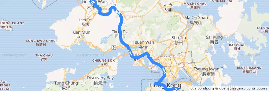 Mapa del recorrido 過海隧巴969P線 Cross-harbour Bus 969P (天水圍市中心 Tin Shui Wai Town Centre → 銅鑼灣 Causeway Bay) de la línea  en الأقاليم الجديدة.