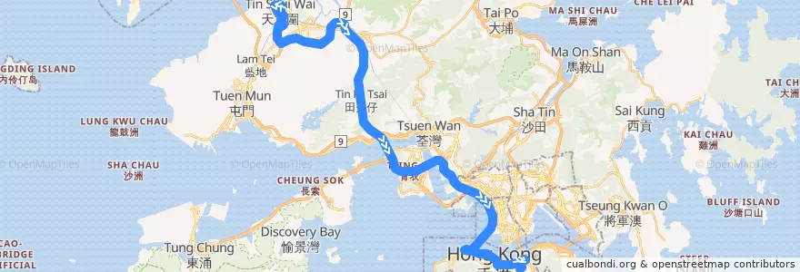 Mapa del recorrido 過海隧巴969X線 Cross-harbour Bus 969X (天水圍市中心 Tin Shui Wai Town Centre → 銅鑼灣 Causeway Bay) de la línea  en الأقاليم الجديدة.