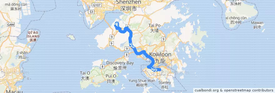 Mapa del recorrido 過海隧巴N969線 Cross-harbour Bus N969 (天水圍市中心 Tin Shui Wai Town Centre → 銅鑼灣 Causeway Bay) de la línea  en Nuevos Territorios.