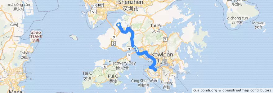 Mapa del recorrido 過海隧巴967線 Cross-harbour Bus 967 (天恩邨 Tin Yan Estate → 金鐘 Admiralty) de la línea  en Wilayah Baru.