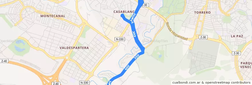 Mapa del recorrido Bus 58: Fuente de la Junquera - Tranvía de la línea  en サラゴサ.