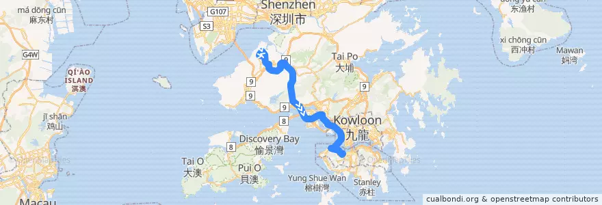 Mapa del recorrido 過海隧巴967線 Cross-harbour Bus 967 (天恩邨 Tin Yan Estate → 金鐘 Admiralty (不經美湖居 omit Maywood Court)) de la línea  en 신제.