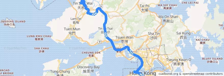Mapa del recorrido 過海隧巴967線 Cross-harbour Bus 967 (金鐘 Admiralty → 天恩邨 Tin Yan Estate) de la línea  en Nuevos Territorios.