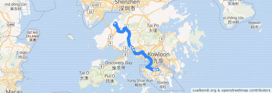 Mapa del recorrido 過海隧巴967X線 Cross-harbour Bus 967X (銅鑼灣 Causeway Bay → 天恩邨 Tin Yan Estate) de la línea  en Novos Territórios.