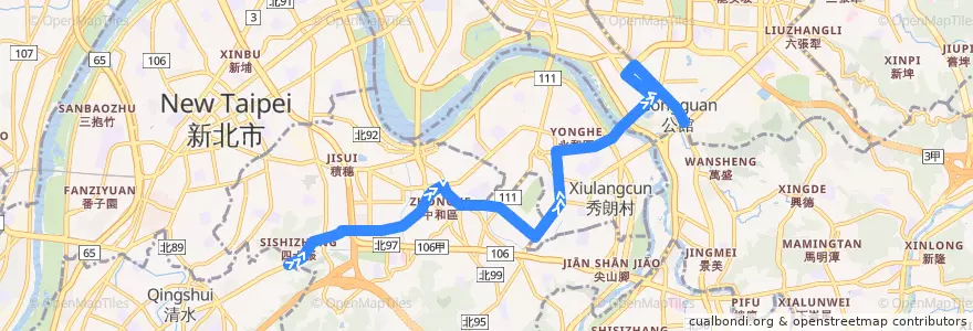 Mapa del recorrido 臺北市 311區 中和-捷運公館站(往程) de la línea  en 新北市.