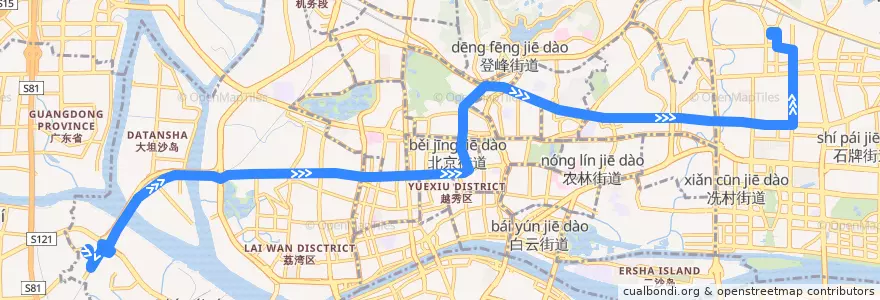 Mapa del recorrido 233路(滘口客运站总站-广州火车东站总站) de la línea  en Guangzhou City.