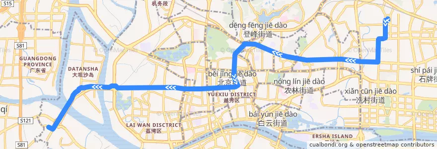 Mapa del recorrido 233路(广州火车东站总站-滘口客运站总站) de la línea  en Guangzhou City.
