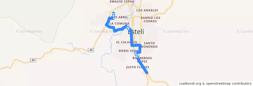 Mapa del recorrido O.Gamez - Hospital de la línea  en Estelí.