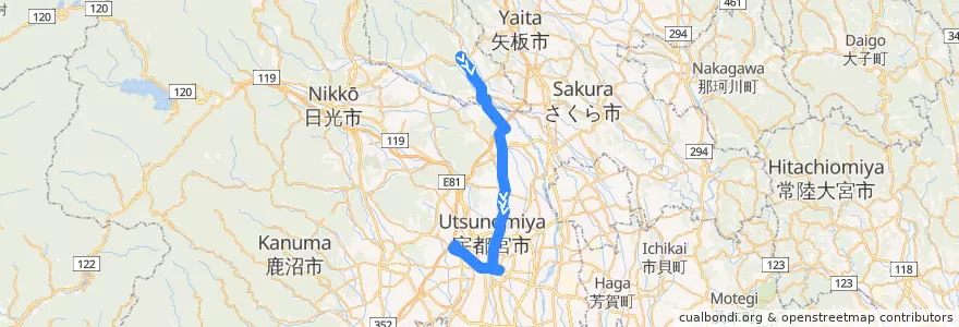Mapa del recorrido 関東自動車バス[10] 玉生車庫⇒駒生営業所 de la línea  en Utsunomiya.