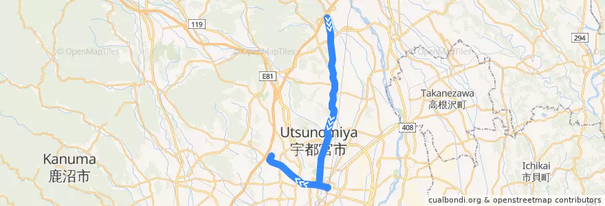 Mapa del recorrido 関東自動車バス[10] 今里⇒駒生営業所 de la línea  en Utsunomiya.