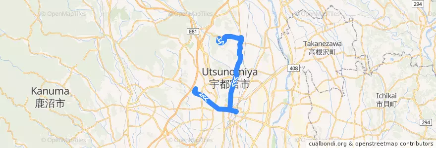 Mapa del recorrido 関東自動車バス[10] 宇都宮グリーンタウン⇒田原⇒駒生営業所 de la línea  en Utsunomiya.