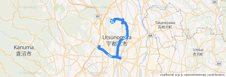 Mapa del recorrido 関東自動車バス[10] 宇都宮グリーンタウン⇒宝井⇒駒生営業所 de la línea  en Utsunomiya.