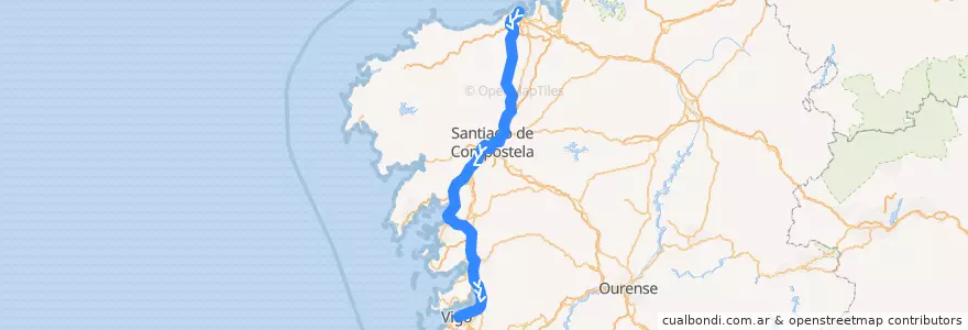 Mapa del recorrido MD A Coruña - Vigo de la línea  en Galiza.