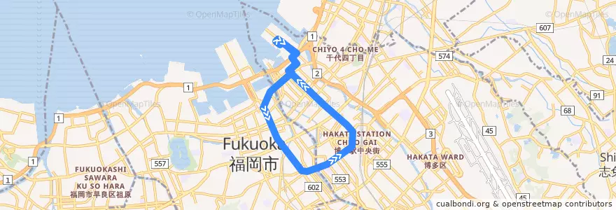 Mapa del recorrido 都心循環BRT　内回り de la línea  en 福岡市.