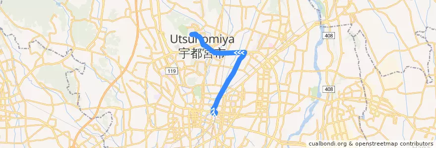 Mapa del recorrido 宇都宮駅⇒直通⇒帝京大学 de la línea  en Utsunomiya.
