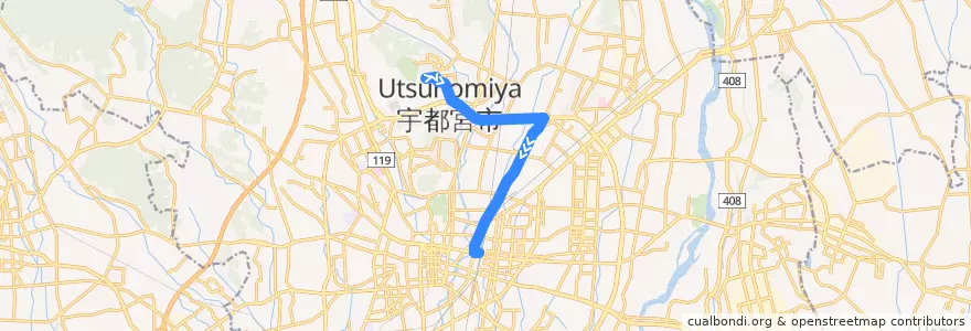 Mapa del recorrido 帝京大学⇒直通⇒宇都宮駅 de la línea  en 宇都宮市.
