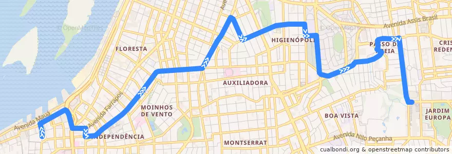 Mapa del recorrido Higienópolis via Benjamin de la línea  en Porto Alegre.