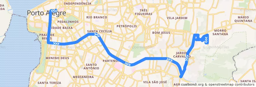 Mapa del recorrido Ipiranga / PUC via Borges de la línea  en Porto Alegre.