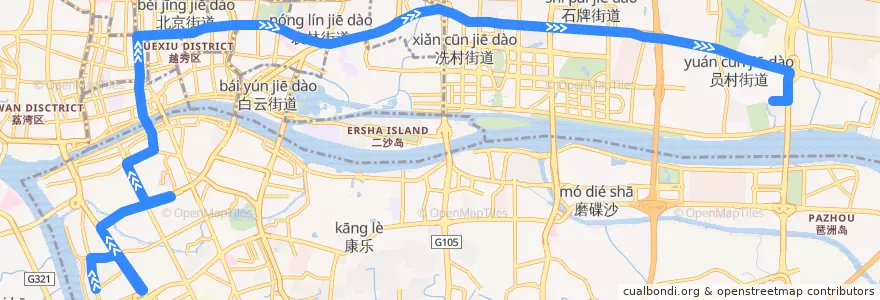 Mapa del recorrido 243路[革新路(光大花园)总站-员村(美林花园)总站] de la línea  en 광저우시.